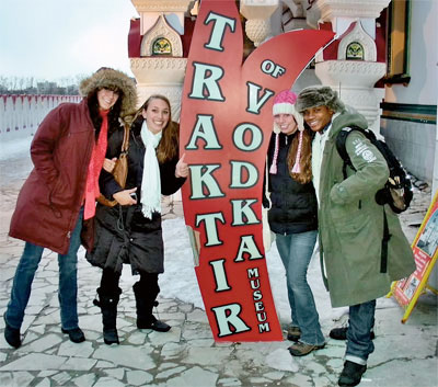Sarah Swienckowski-Eckhart ’13 (L-R), Tatiana Logan ‘13, Emily Melvin ’12, and Glenford Robinson ’13 explored a traktir (restaurant) and attached museum with exhibits on the history of vodka, first produced in Russia in the late 9th century from the distillation of fermented grains or potatoes.