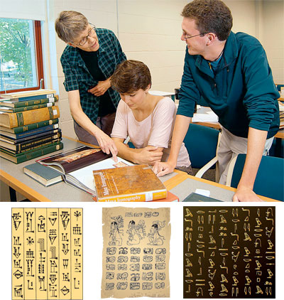 Jared Katz ’12 (right) and Katherine Metcalf ’12 (center) are studying ancient Sumerian (L-R), Mayan, and Egyptian pictographs to discover patterns for metaphor. Their faculty mentor is Carolynn Van Dyke, March Professor of English.