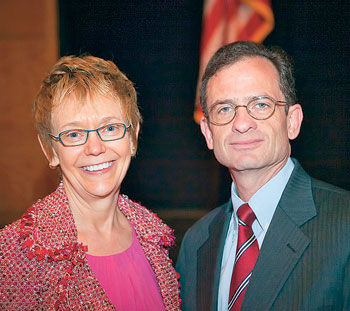 Rebecca Chopp, president, Swarthmore College (left) and President Weiss were co-hosts for the Future of the Liberal Arts College in America and Its Leadership Role in Education around the World.