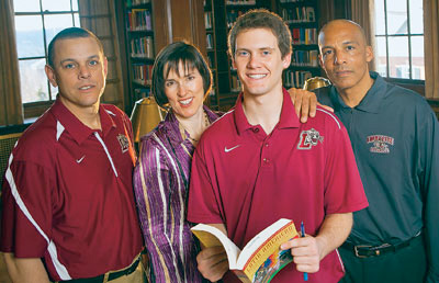 eff Snell ’12 (second from right) with mentors (L-R) Joe Kinney, head baseball coach; Michelle Geoffrion-Vinci, associate professor of foreign languages and literatures; and Gregg Durrah, assistant baseball coach.