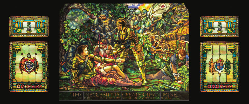 Tiffany Glass and Decorating Company, New York Frederick Wilson (1858–1932), designer The Death of Sir Philip Sidney 1899 Leaded glass windows Central panel, 64 x 90 in. Flanking windows: upper panels 14.5 x 27.25 in.; lower panels 38 x 28 in.