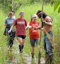 Emily Defnet ’13 (L-R), Katie Leto ’13, Kelly McNulty ’11, and Enrique, the Shuar guide, on the Lafayette team’s first walk into the rainforest.