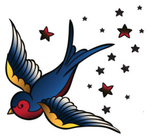 tattoo art of a blue bird flying downward with stars behind it